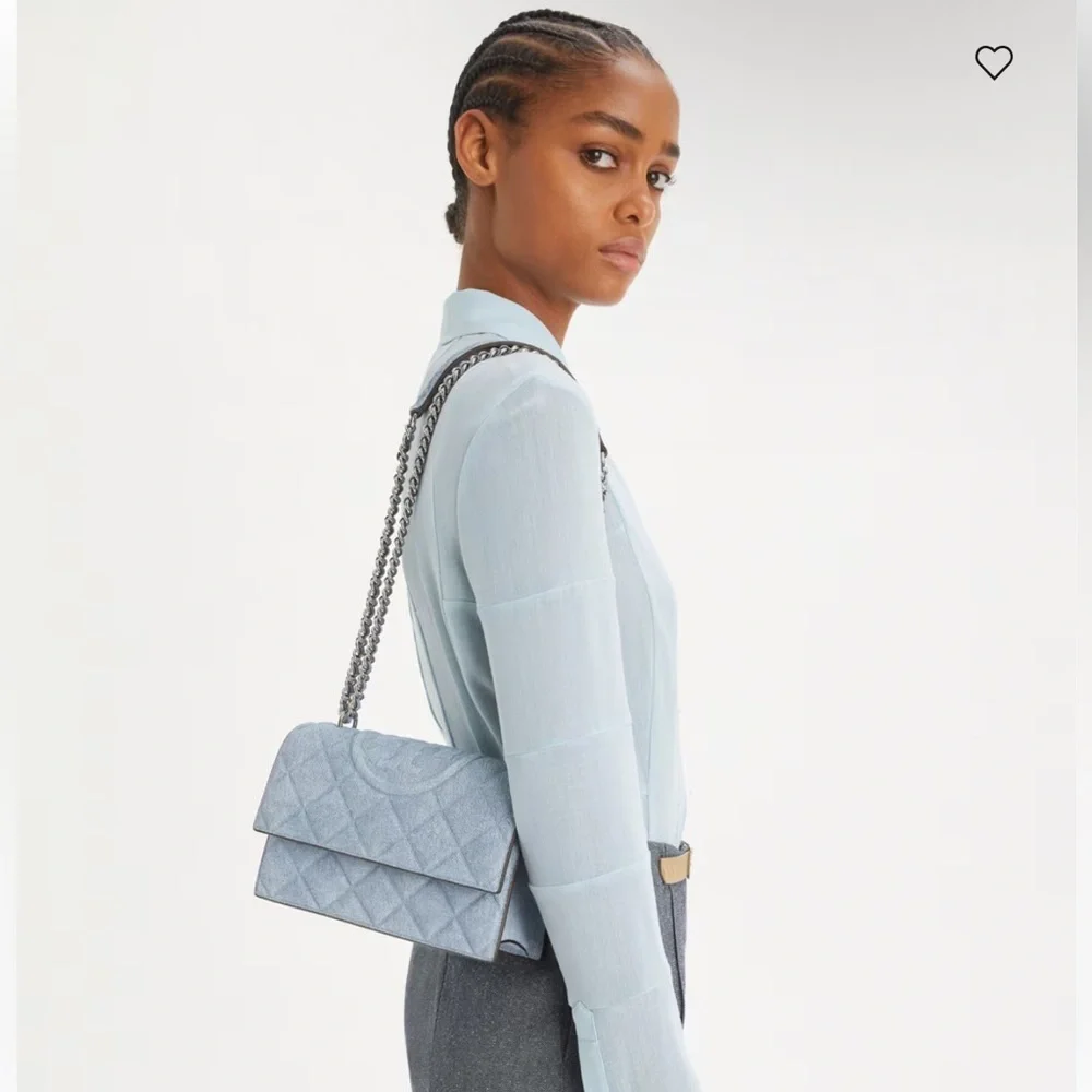 Tory Burch SMALL FLEMING DENIM-PRINT SUEDE SHOULDER BAG